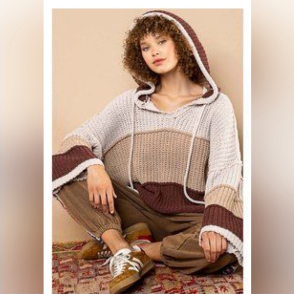 POL-L-color block, boxy, cozy, comfy, thick, hooded crocheted sweater.
